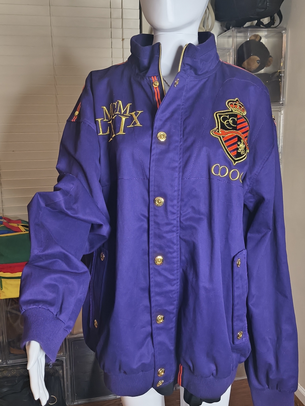 COOGI Purple Embroidered Crest Military Bomber Jacket Gold Hardware Size L